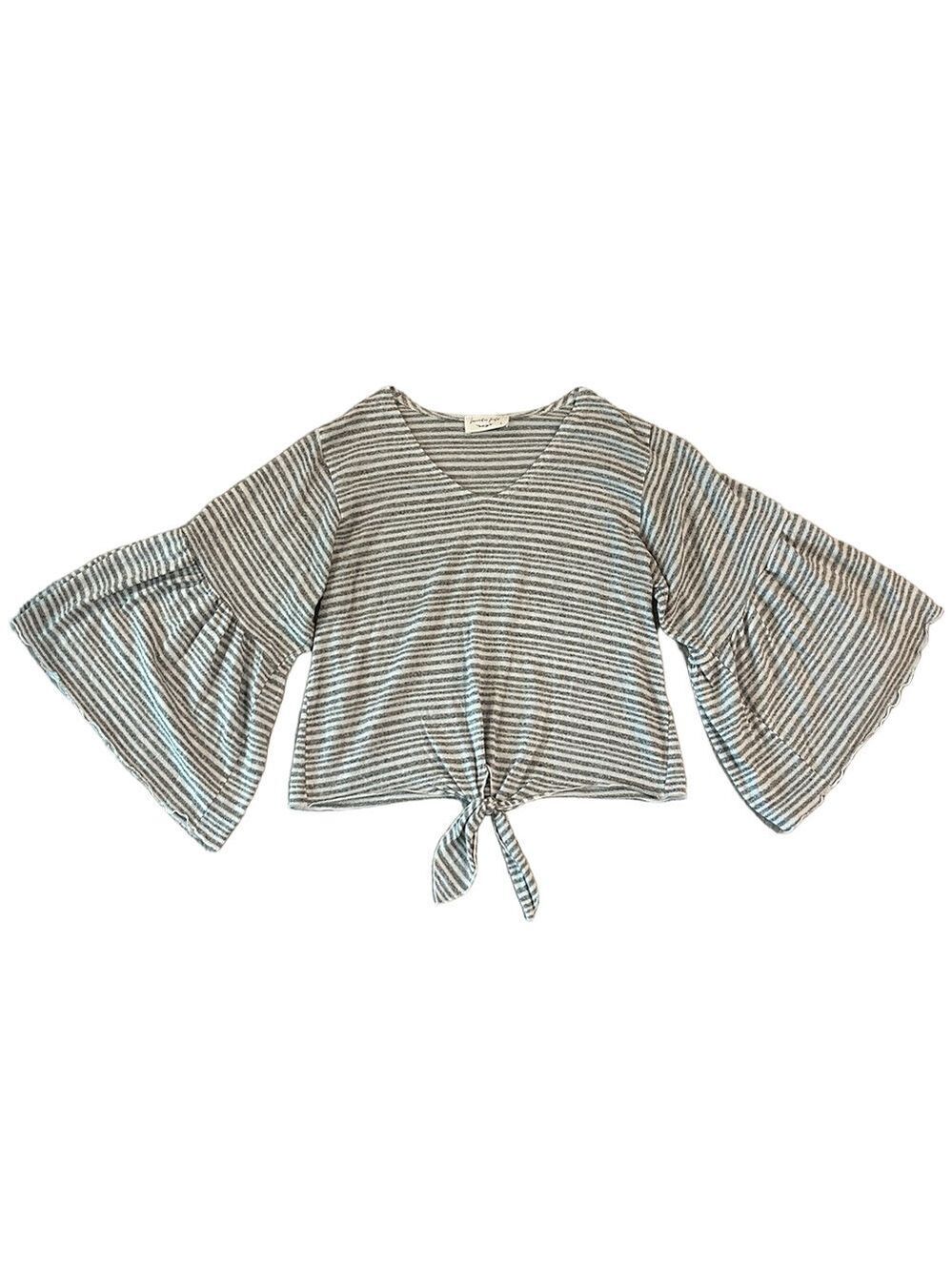 Lavender Field White & Gray Striped V-Neck Bell Sleeve Tie-Front Soft Top